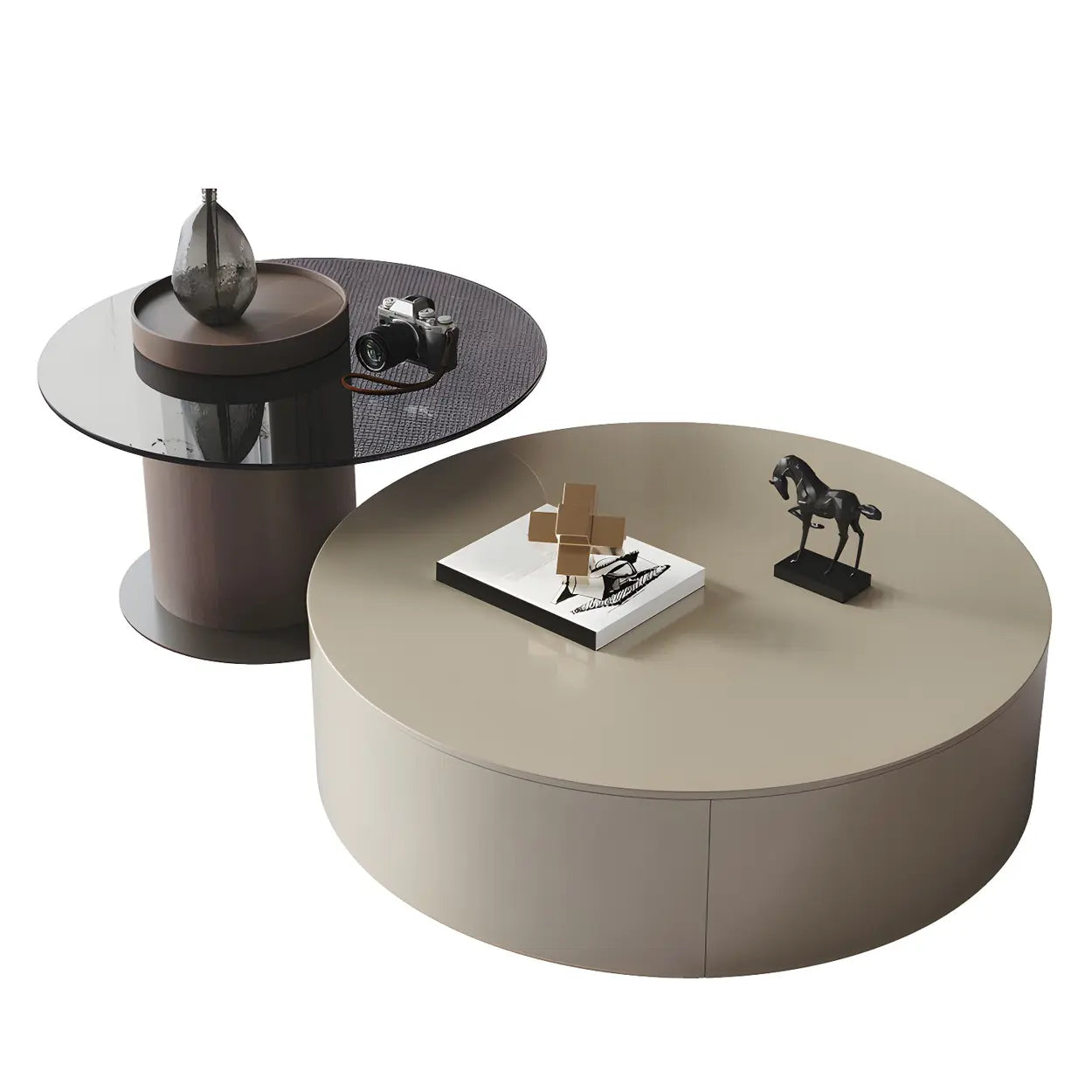 Oak Wood Round Nesting Storage Coffee Table — White-Brown