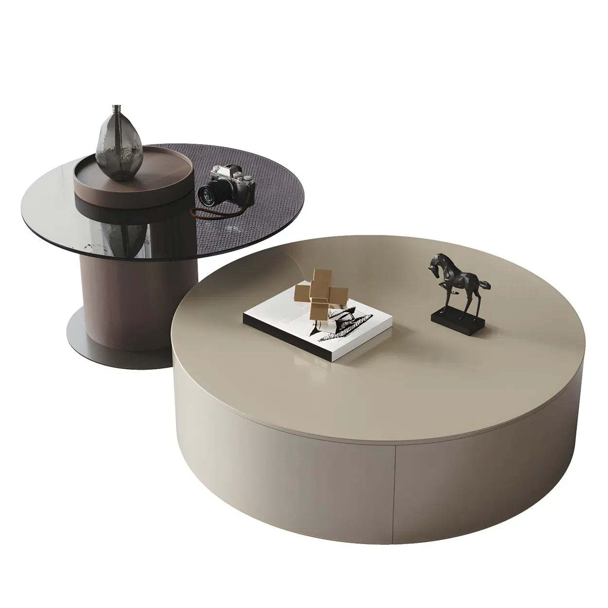 Oak Wood Round Nesting Storage Coffee Table — White-Brown