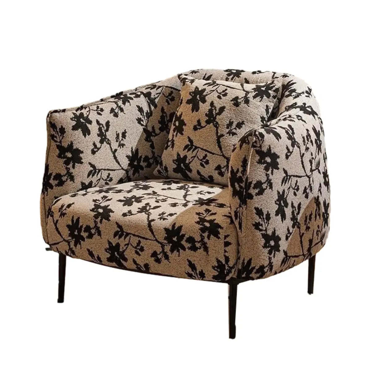 Flannel Floral Pattern Four Leg Arm Chair — Footrest Not Included / Black/ Flower / Anti Cat Scratch Leather