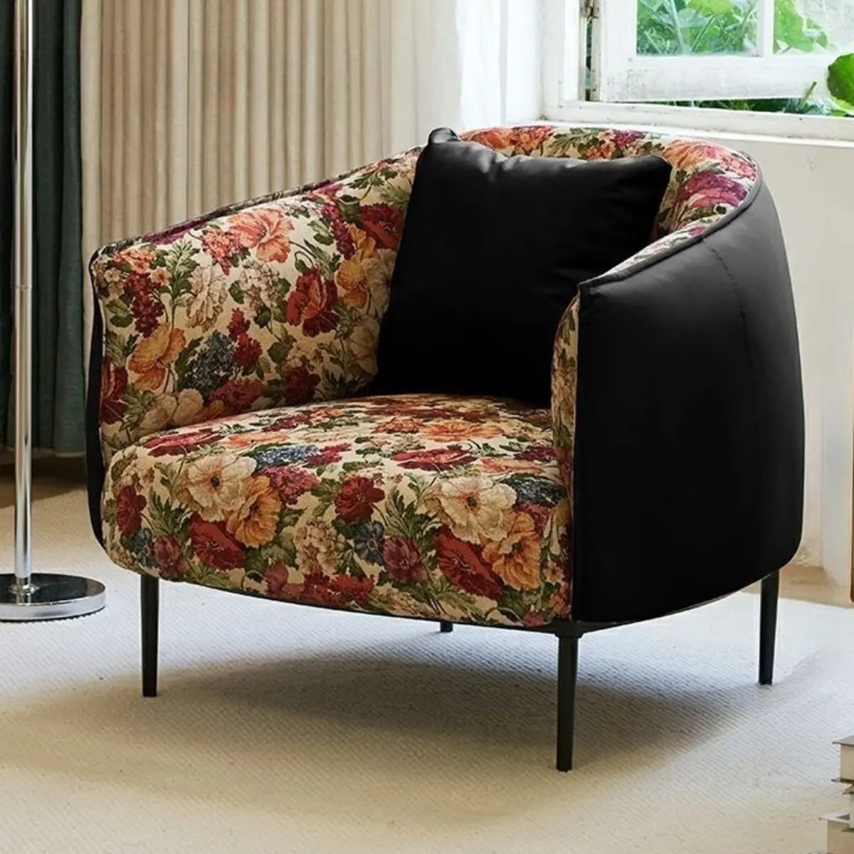 Flannel Floral Pattern Four Leg Arm Chair — Footrest Not Included / Brown / Anti Cat Scratch Leather