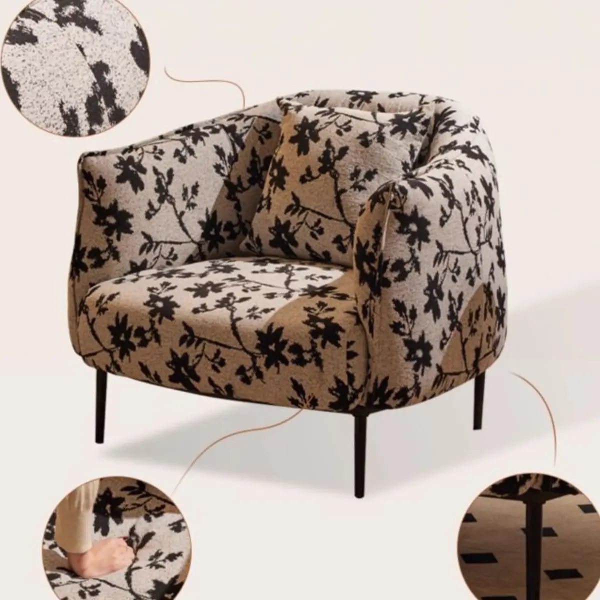 Flannel Floral Pattern Four Leg Arm Chair — Footrest Not Included / Ink / Flannel