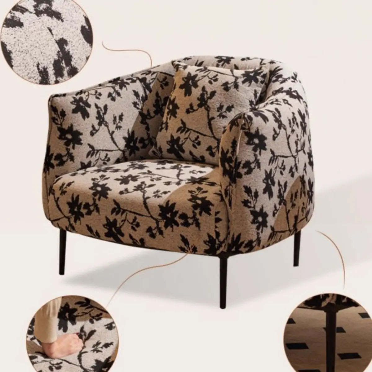 Flannel Floral Pattern Four Leg Arm Chair — Footrest Not Included / Ink / Flannel