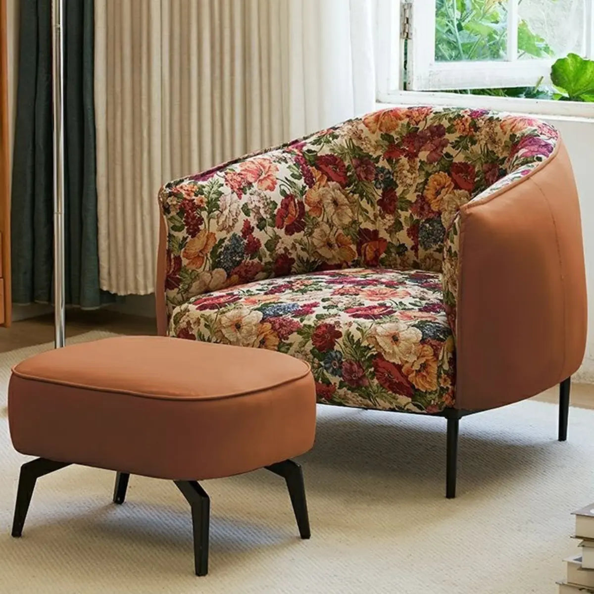 Flannel Floral Pattern Four Leg Arm Chair