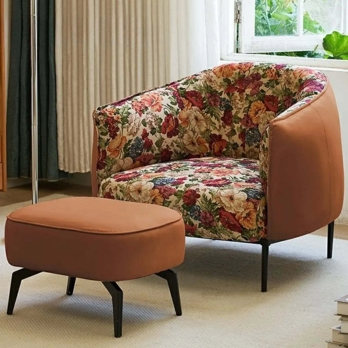 Flannel Floral Pattern Four Leg Arm Chair