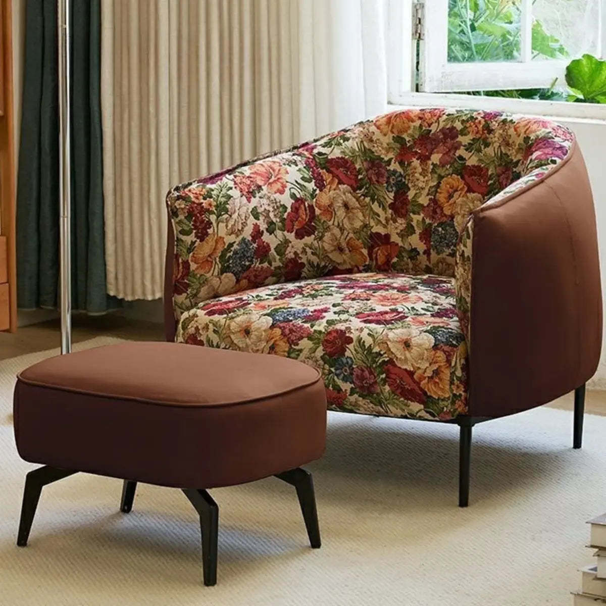 Flannel Floral Pattern Four Leg Arm Chair