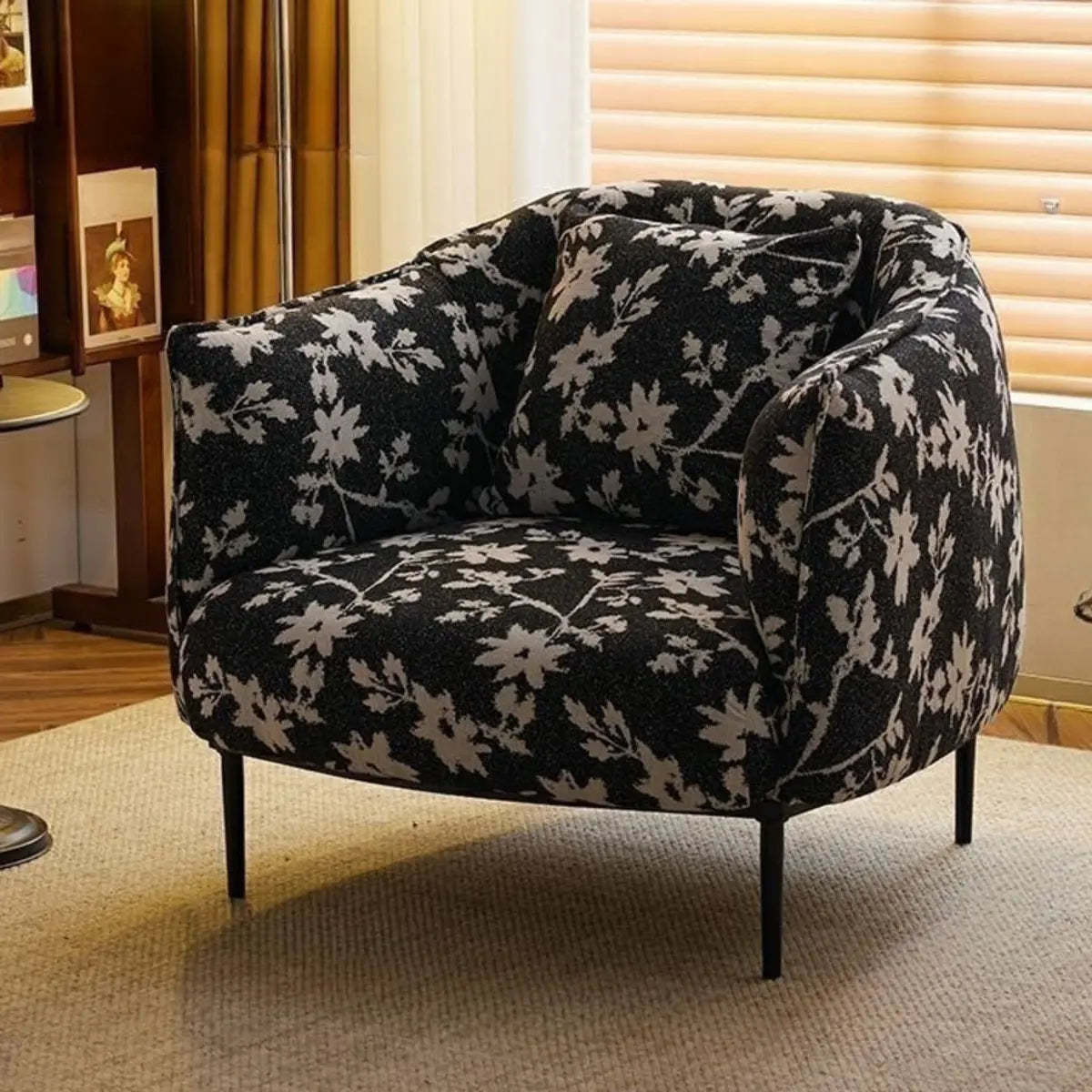 Flannel Floral Pattern Four Leg Arm Chair — Footrest Included / Brown / Anti Cat Scratch Leather