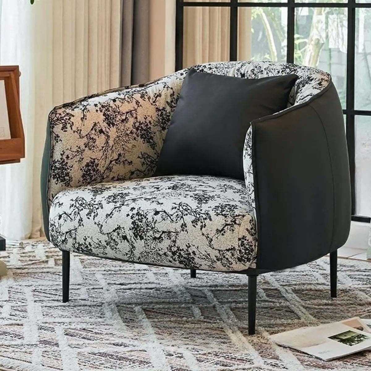 Flannel Floral Pattern Four Leg Arm Chair — Footrest Included / Ink / Flannel