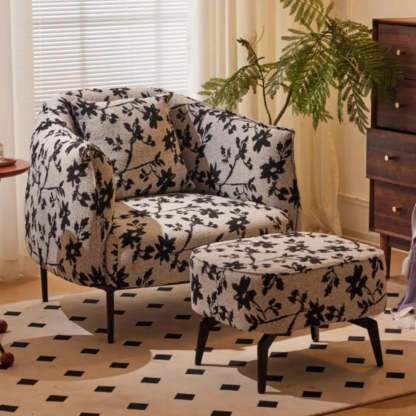 Flannel Floral Pattern Four Leg Arm Chair — Footrest Included / Off-White / Anti Cat Scratch Leather