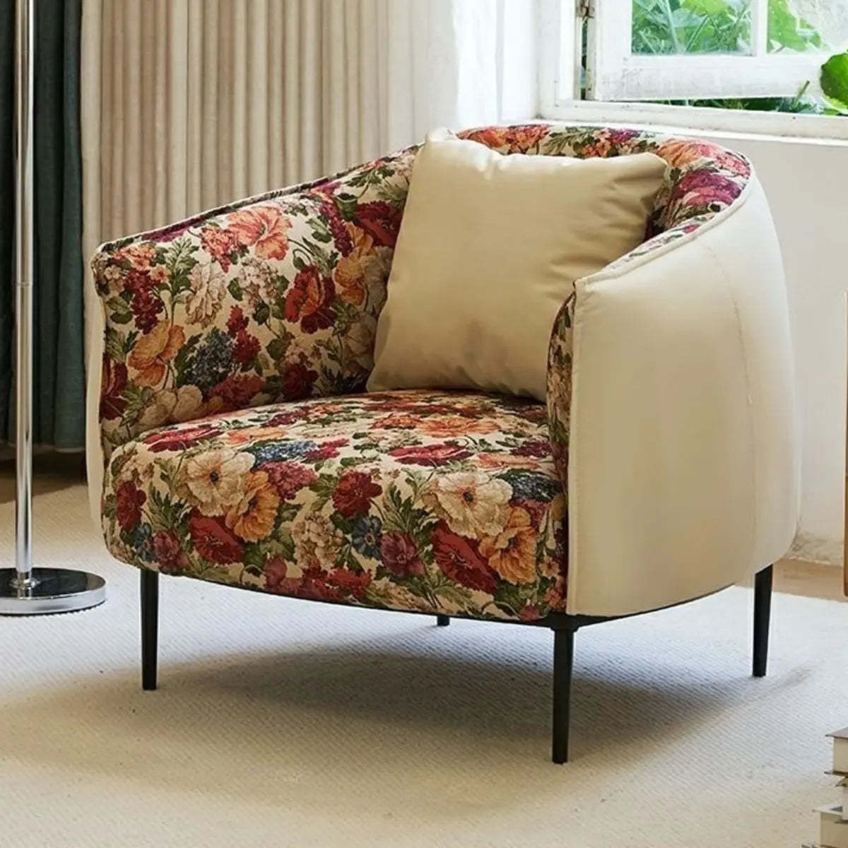Flannel Floral Pattern Four Leg Arm Chair — Footrest Included / Orange / Anti Cat Scratch Leather