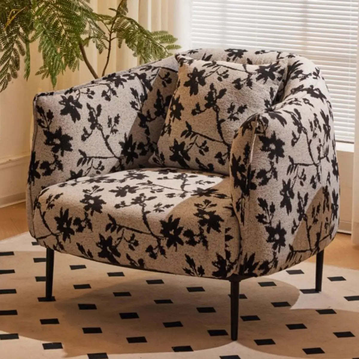 Flannel Floral Pattern Four Leg Arm Chair — Footrest Not Included / Black / Anti Cat Scratch Leather