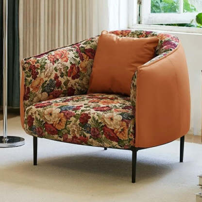 Flannel Floral Pattern Four Leg Arm Chair — Footrest Not Included / Black and White / Flannel