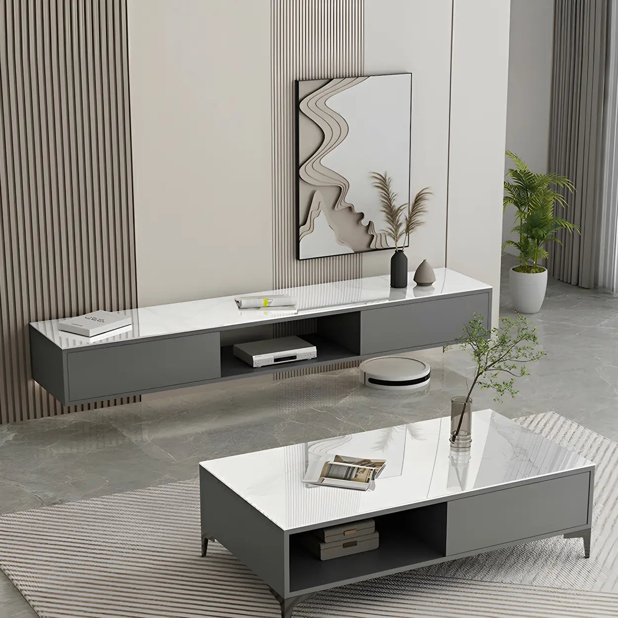 Floating Stone Cabinet Open-Storage TV Stand