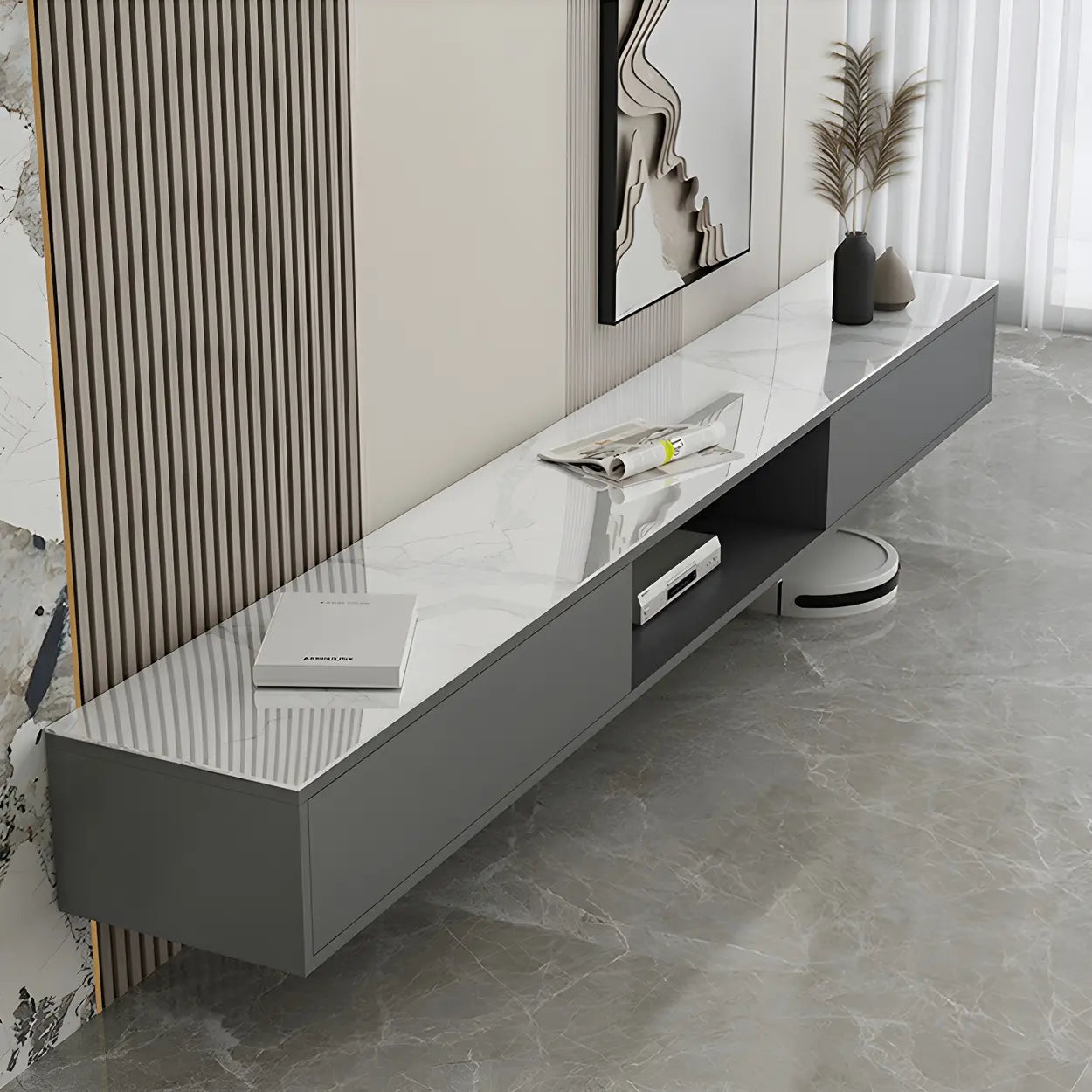 Floating Stone Cabinet Open-Storage TV Stand — White