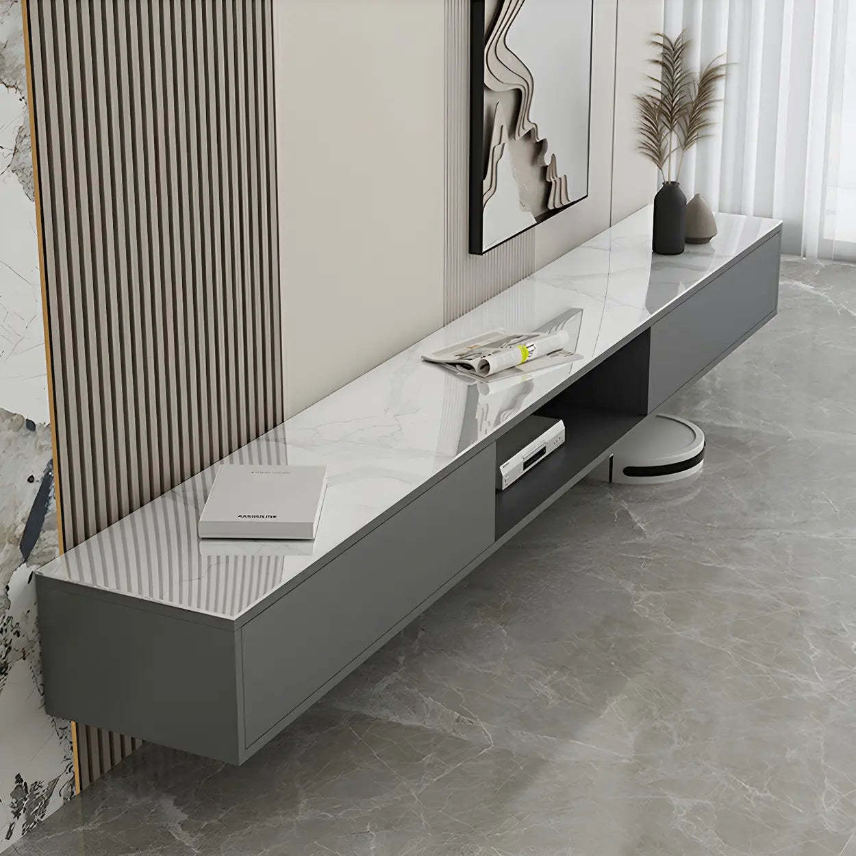 Floating Stone Cabinet Open-Storage TV Stand — White