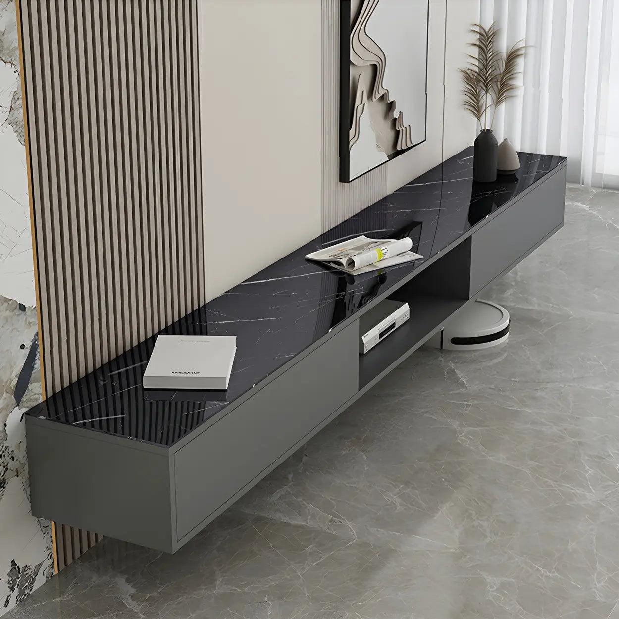 Floating Stone Cabinet Open-Storage TV Stand — Black