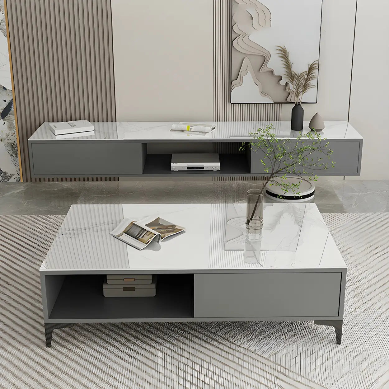 Floating Stone Cabinet Open-Storage TV Stand — White