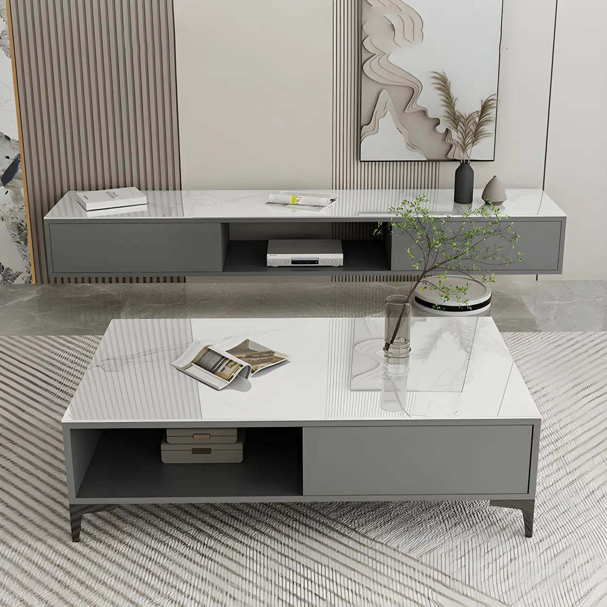 Floating Stone Cabinet Open-Storage TV Stand — White