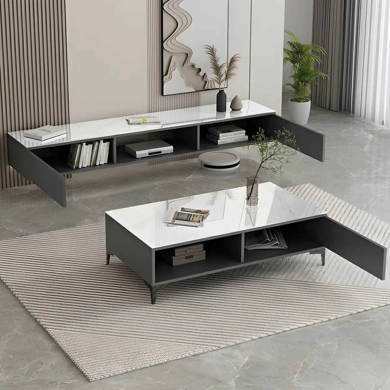 Floating Stone Cabinet Open-Storage TV Stand — Black