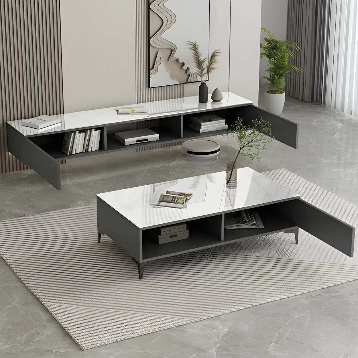 Floating Stone Cabinet Open-Storage TV Stand — Black