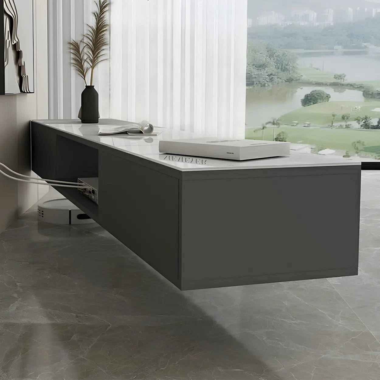 Floating Stone Cabinet Open-Storage TV Stand — White