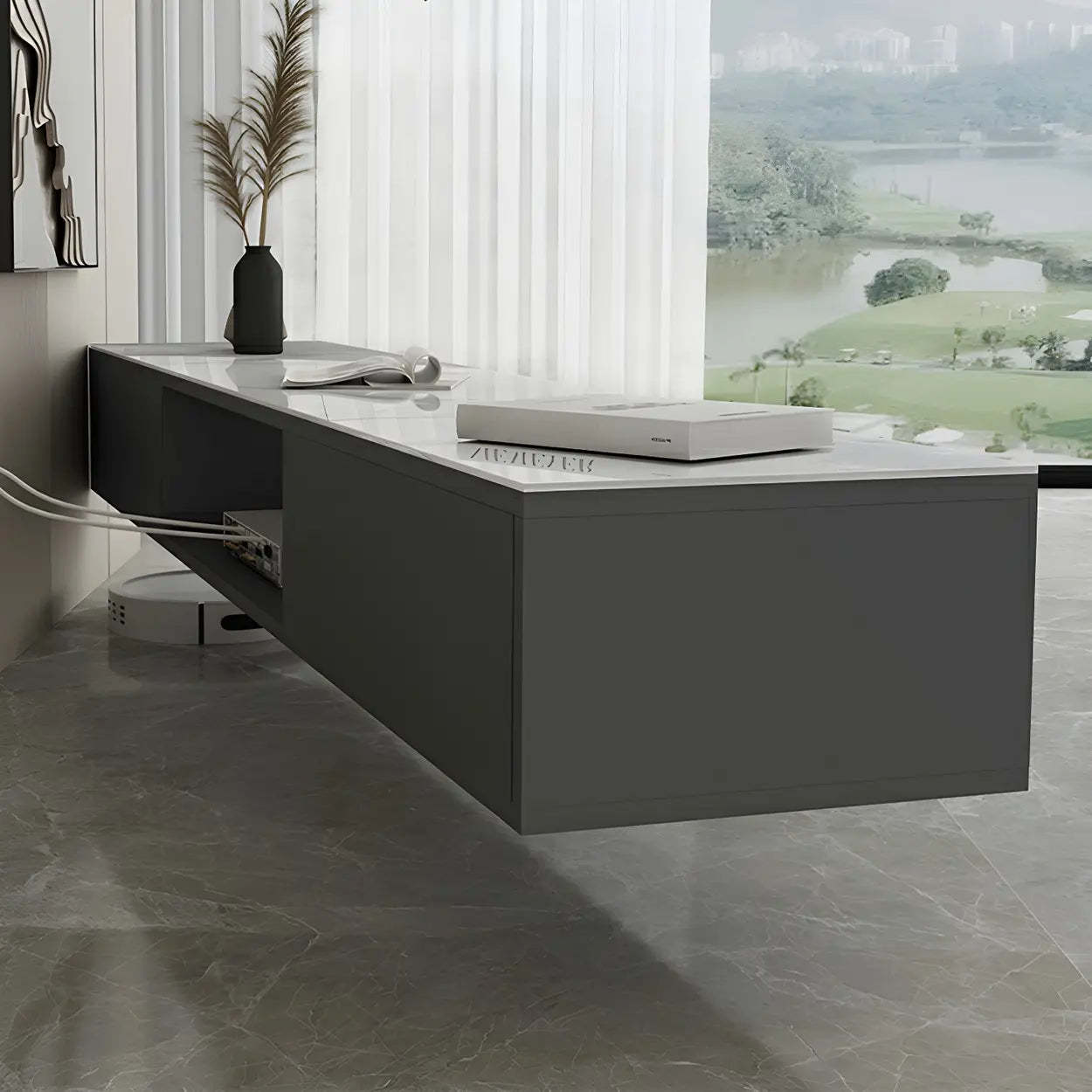 Floating Stone Cabinet Open-Storage TV Stand — White