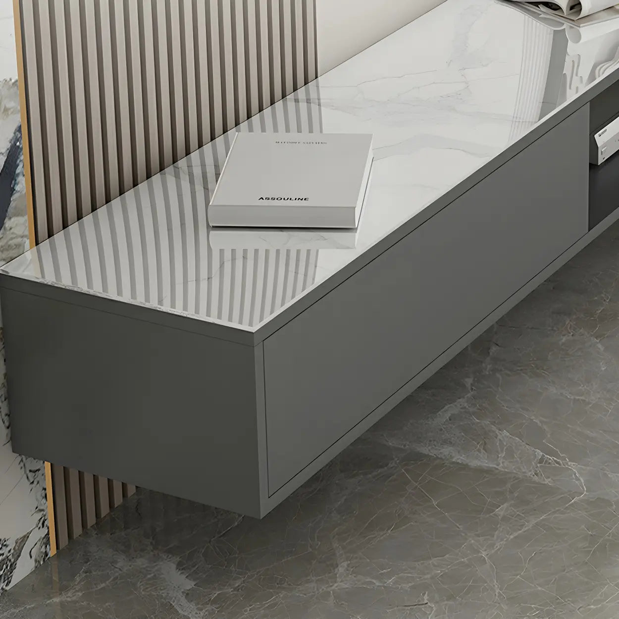 Floating Stone Cabinet Open-Storage TV Stand — White