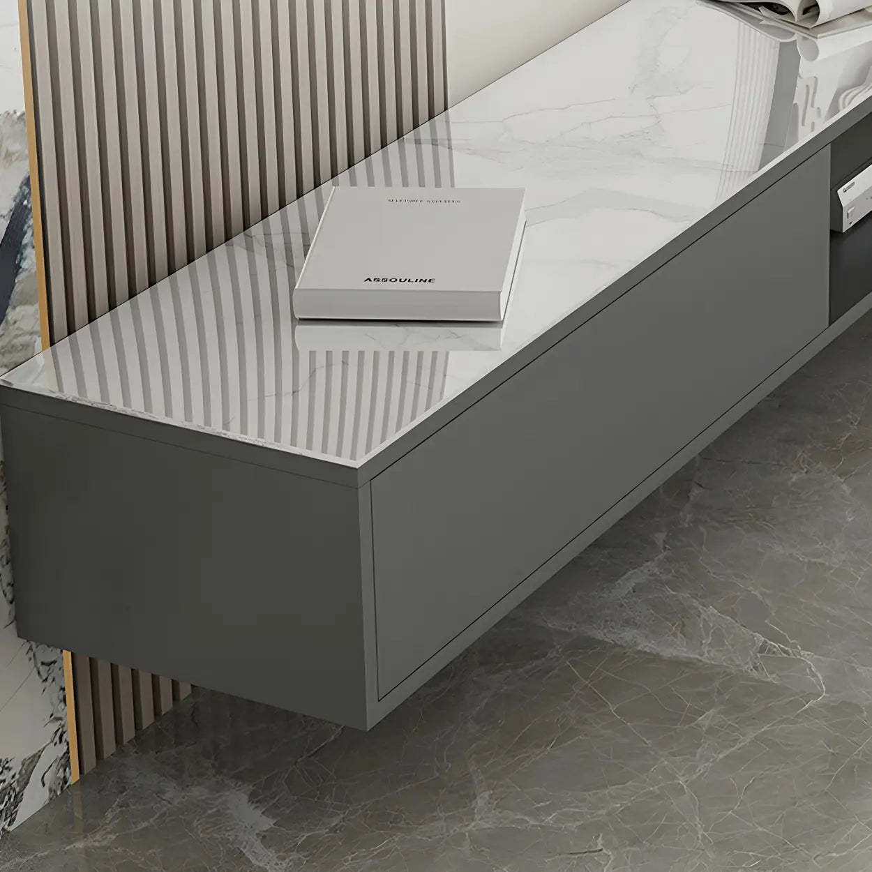 Floating Stone Cabinet Open-Storage TV Stand — White