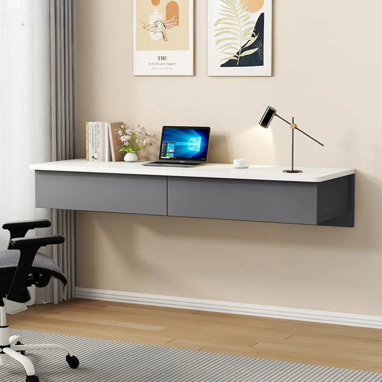Floating Wood Drawer Narrow Writing Desk — Natural Wood/ White / Table Only