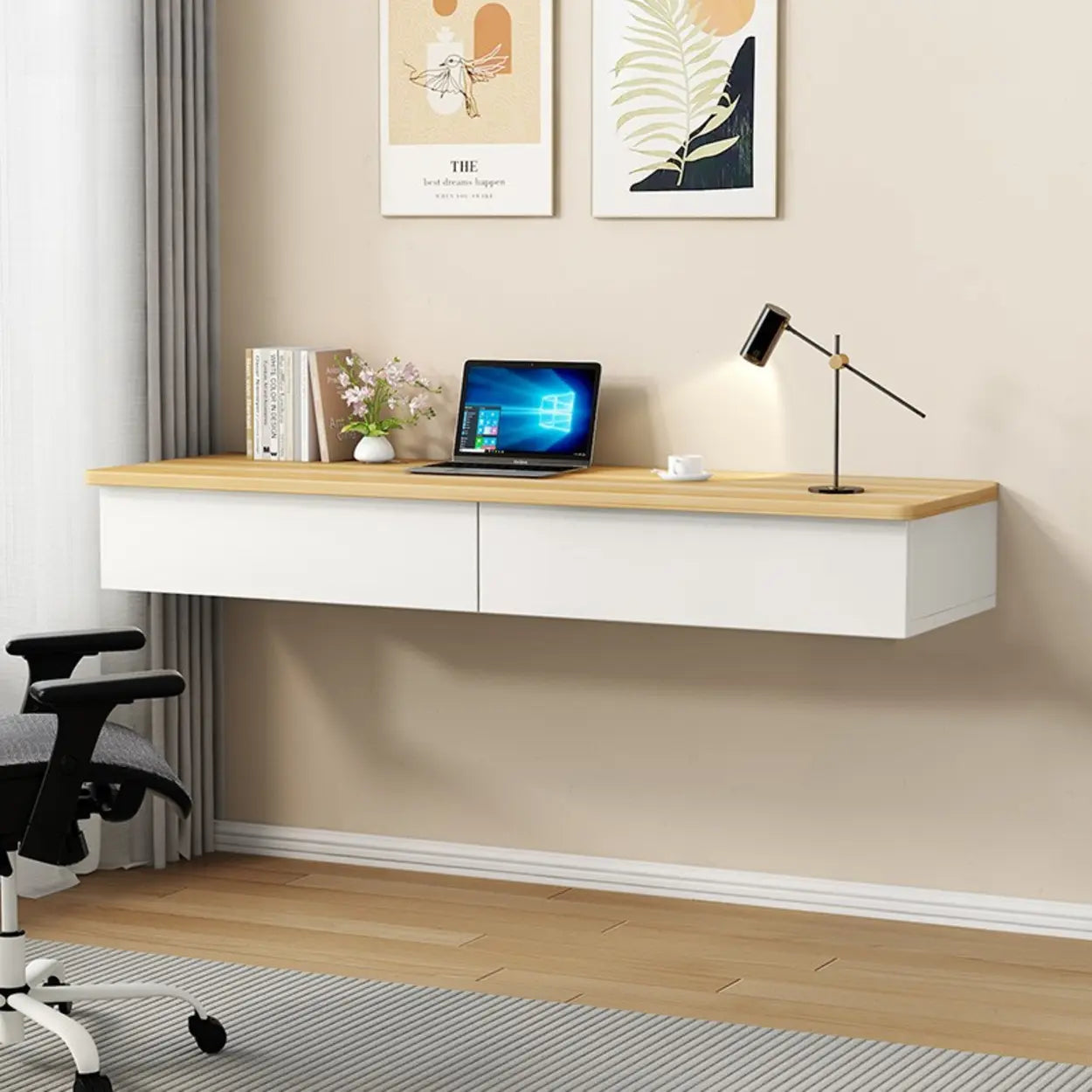 Floating Wood Drawer Narrow Writing Desk — Gray/ White / Table Only
