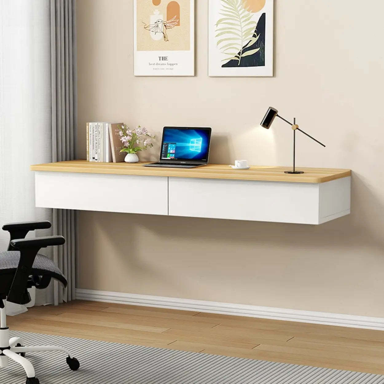 Floating Wood Drawer Narrow Writing Desk — Gray/ White / Table Only