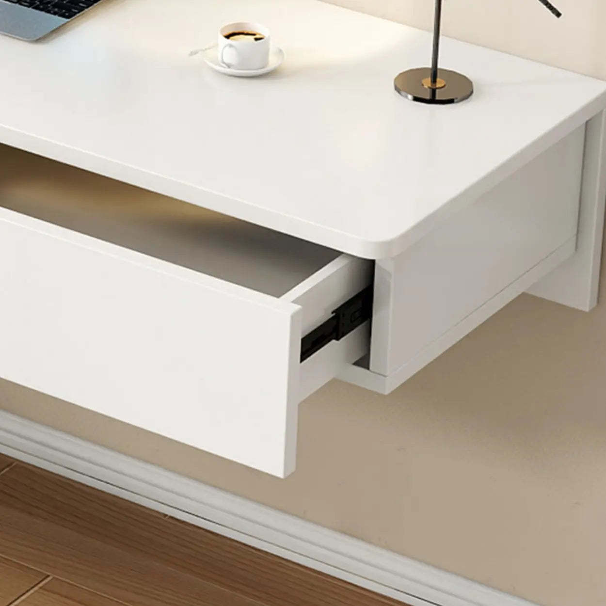 Floating Wood Drawer Narrow Writing Desk — Gray/ White / Table Only
