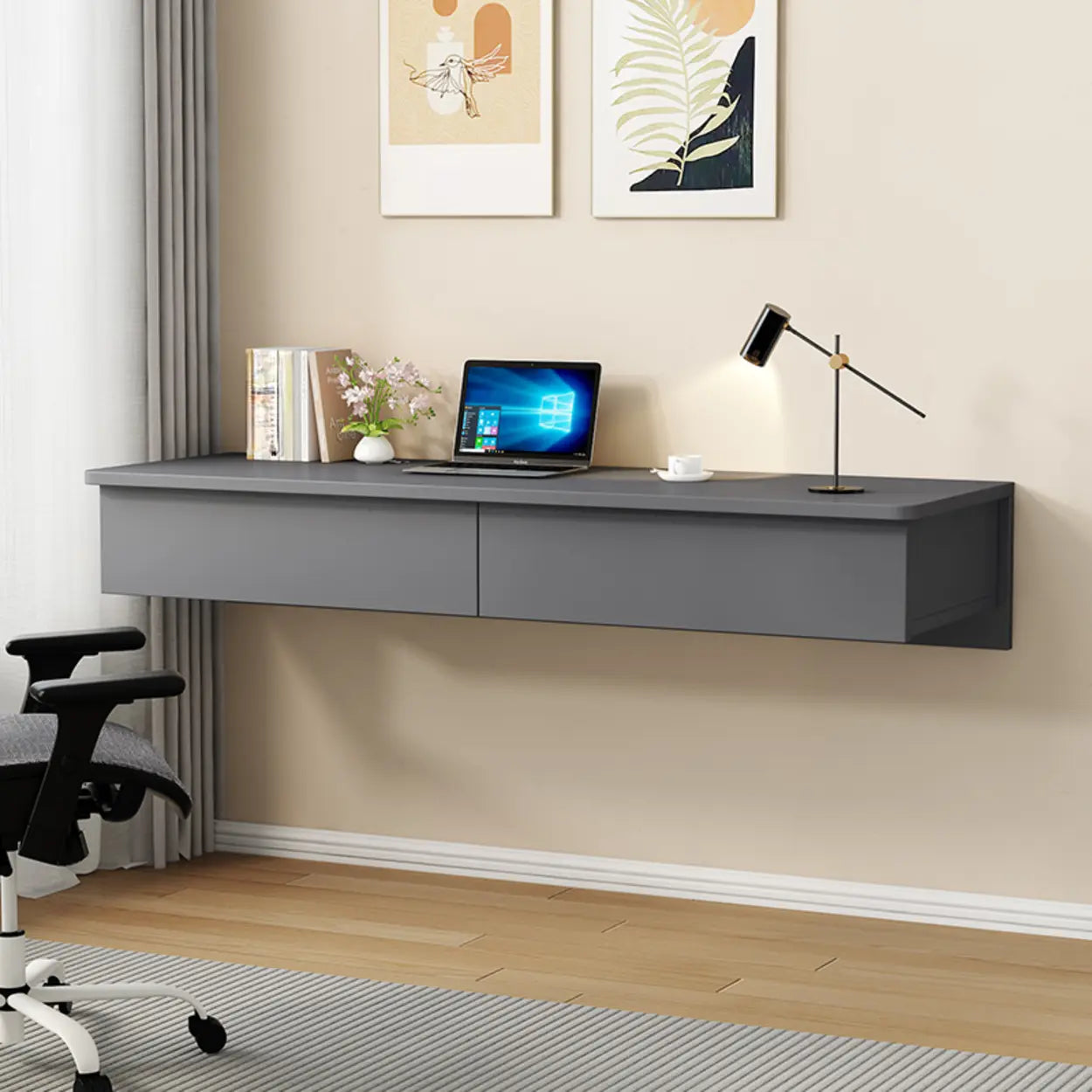 Floating Wood Drawer Narrow Writing Desk — Gray/ White / Table Only