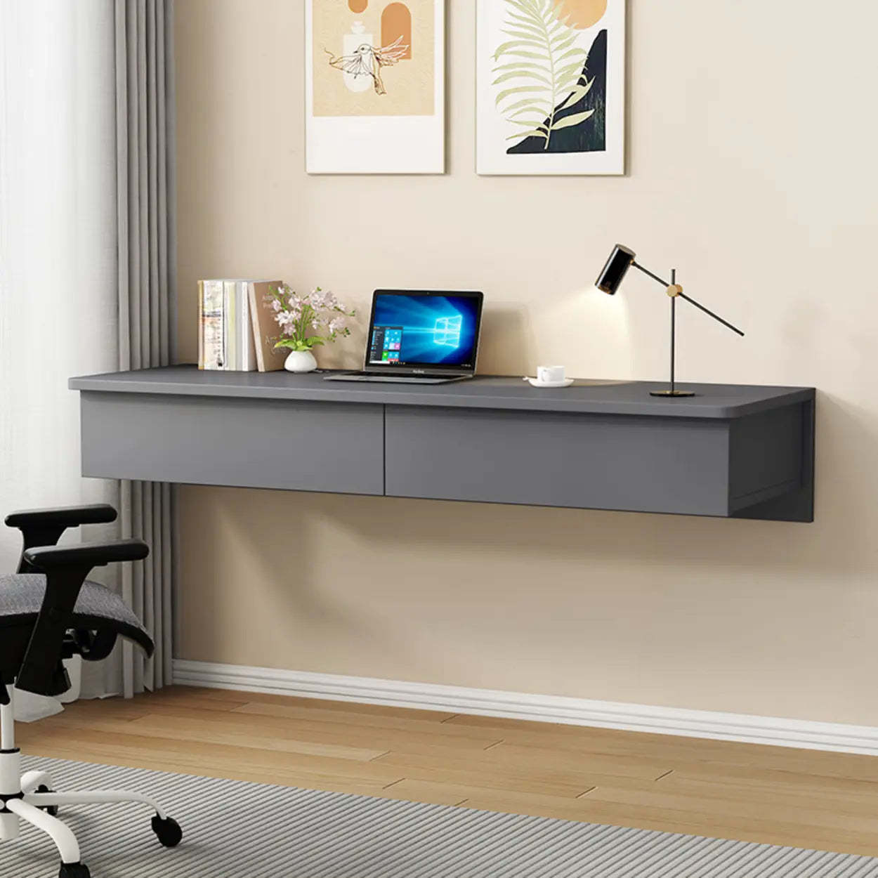 Floating Wood Drawer Narrow Writing Desk — Gray/ White / Table Only