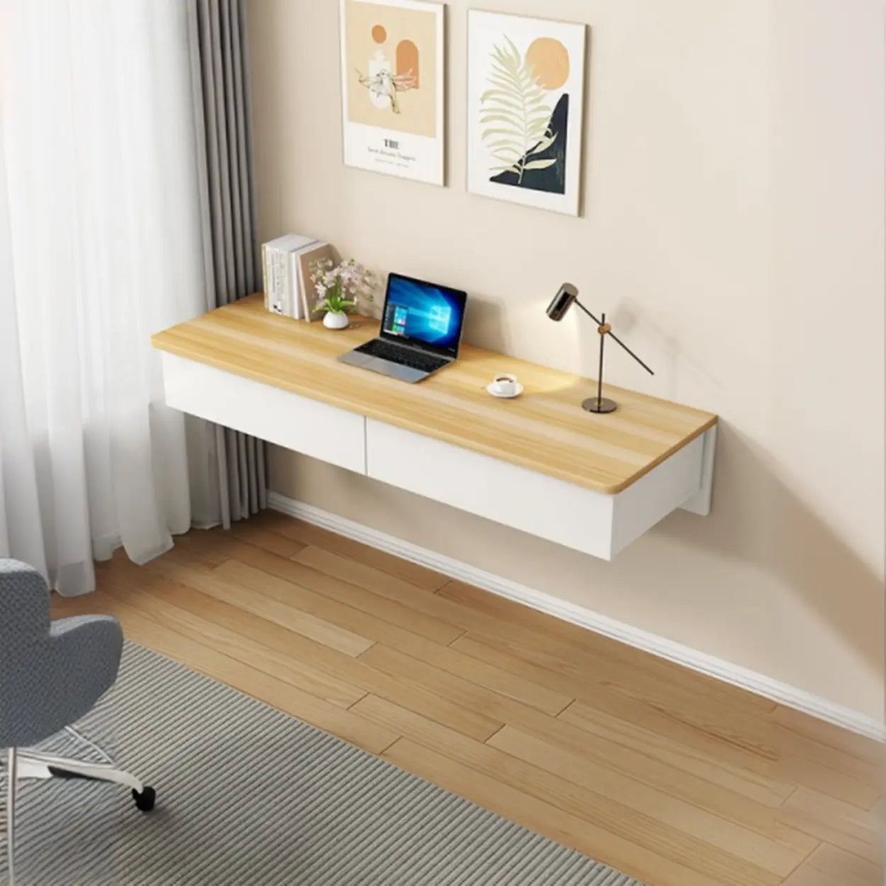 Floating Wood Drawer Narrow Writing Desk — White/ Gray / Table Only