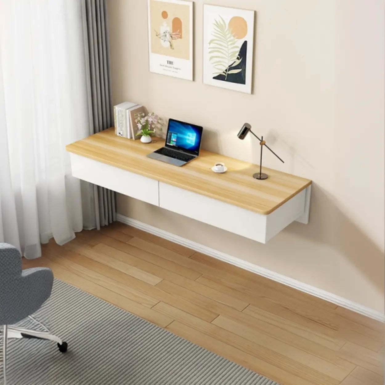 Floating Wood Drawer Narrow Writing Desk — White/ Gray / Table Only