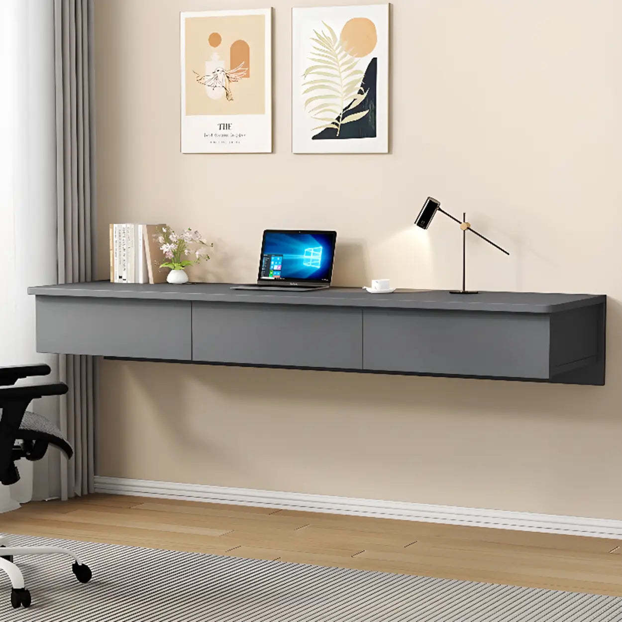 Floating Wood Drawer Narrow Writing Desk — Grey / Table Only