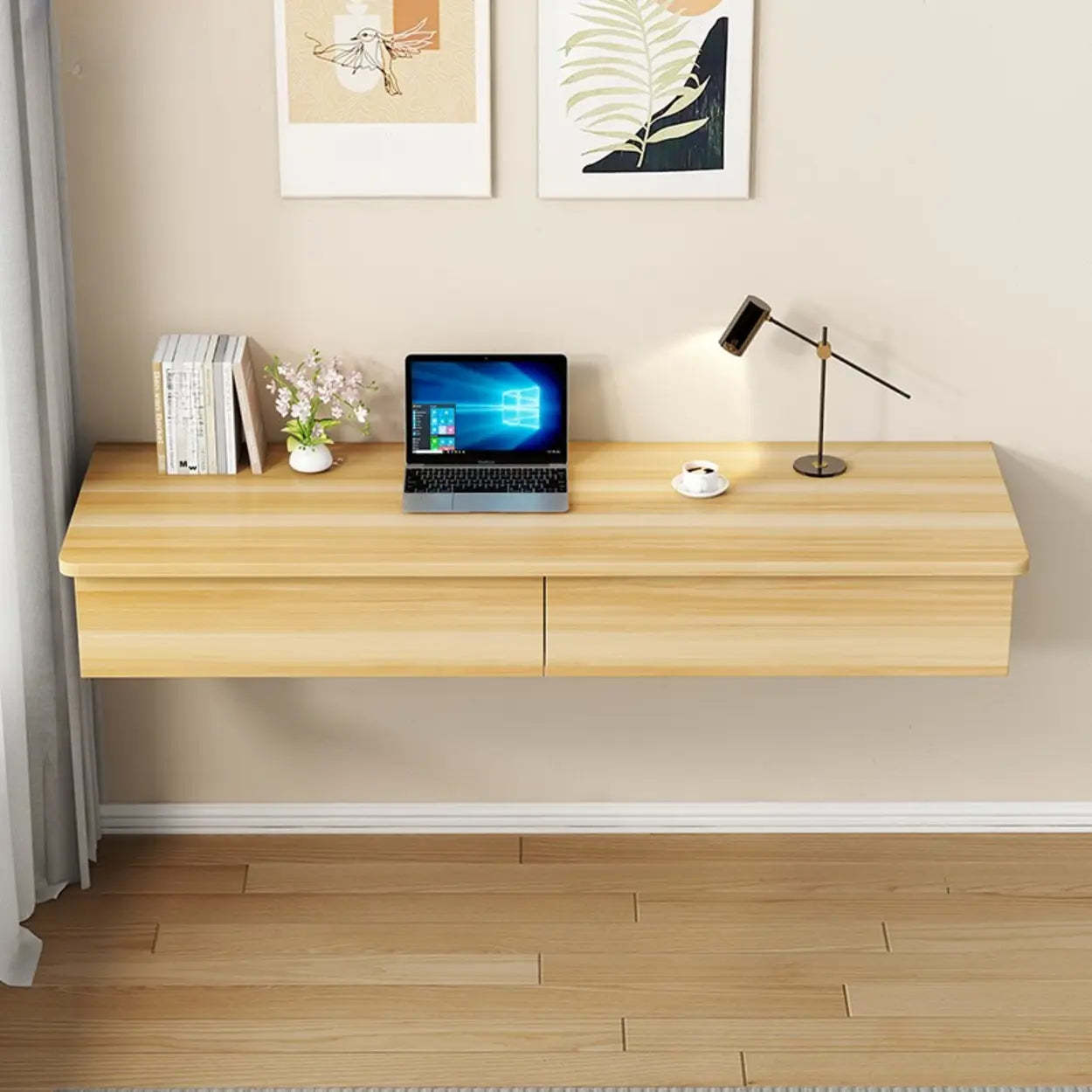 Floating Wood Drawer Narrow Writing Desk — Grey / Table Only