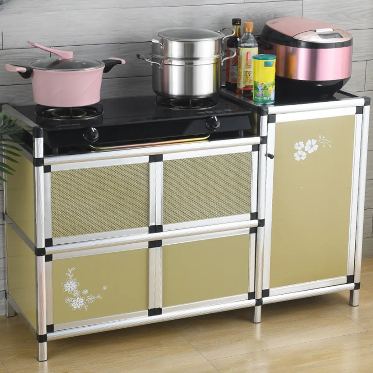 Floral Gold Metal Narrow Kitchen Sideboard