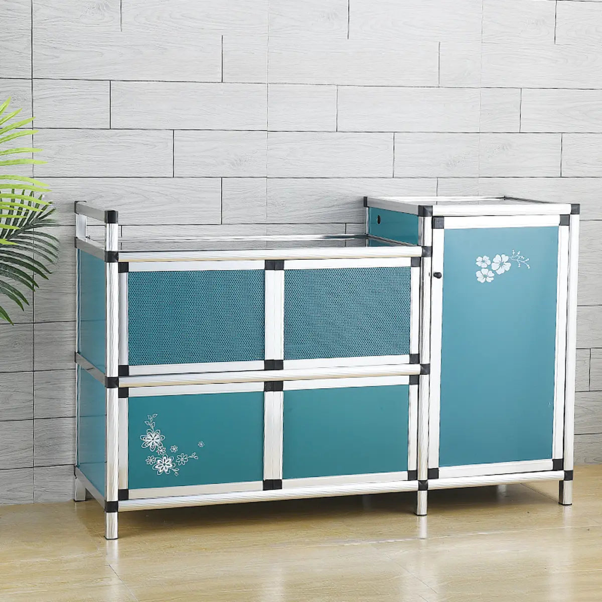 Floral Gold Metal Narrow Kitchen Sideboard — Blue/ Natural