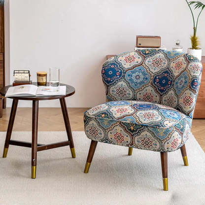 Floral Pattern Tight Back Wingback Chair — Blue-White / Cotton and Linen