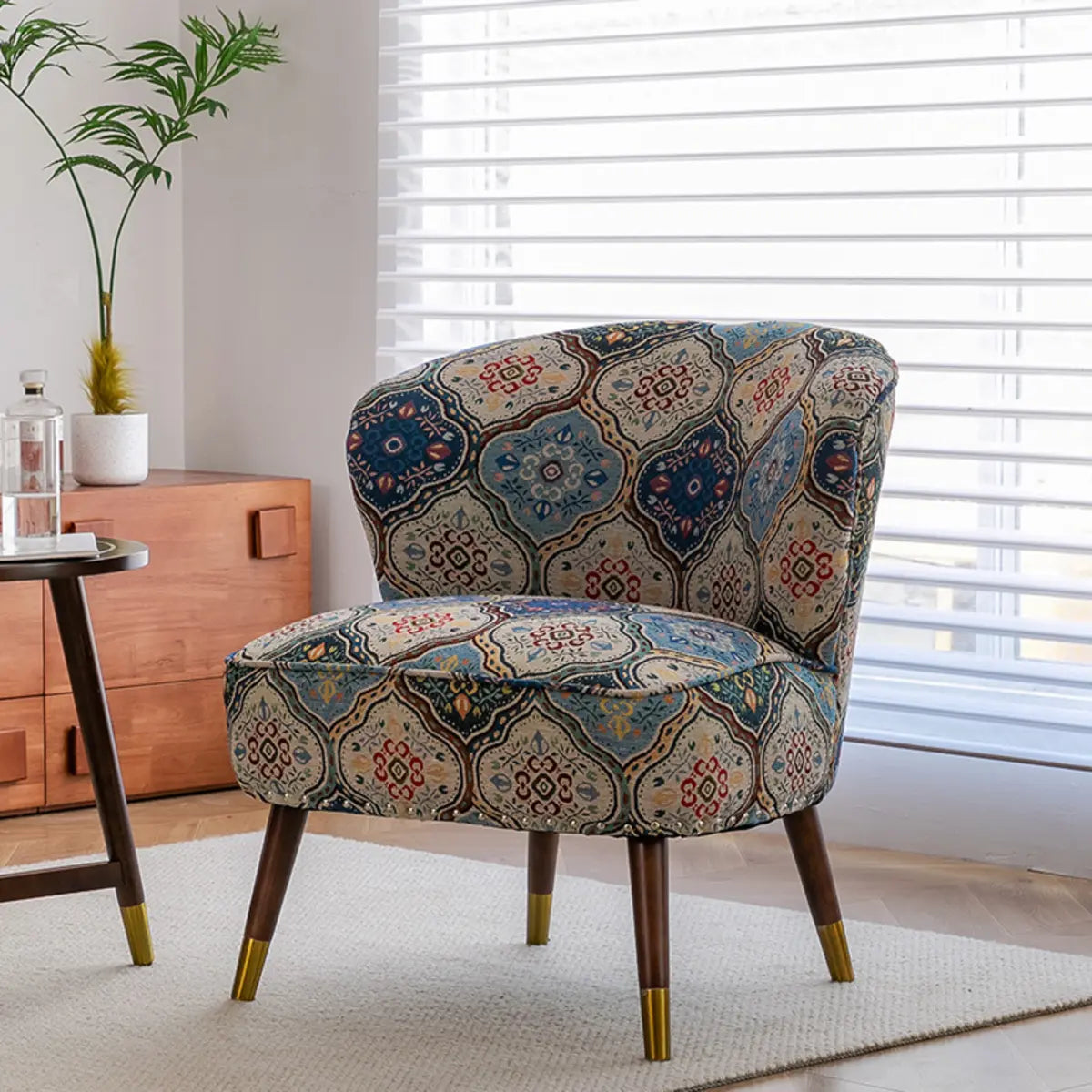 Floral Pattern Tight Back Wingback Chair — Brown/ White / Cotton and Linen
