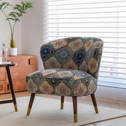 Floral Pattern Tight Back Wingback Chair — Brown/ White / Cotton and Linen