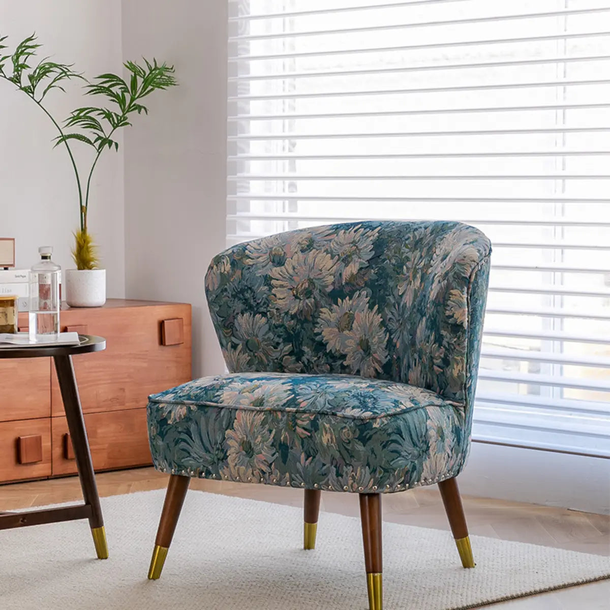 Floral Pattern Tight Back Wingback Chair — Cyan/ White / Cotton and Linen