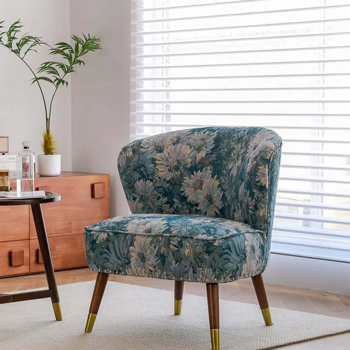 Floral Pattern Tight Back Wingback Chair — Cyan/ White / Cotton and Linen
