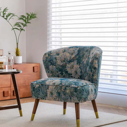 Floral Pattern Tight Back Wingback Chair — Cyan/ White / Cotton and Linen