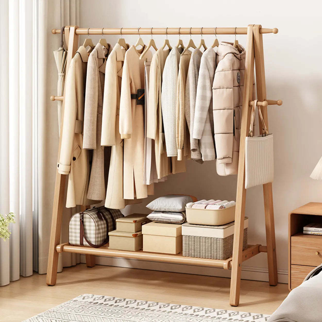 Foldable Beech Coat Rack with Hooks — Natural Finish / 1