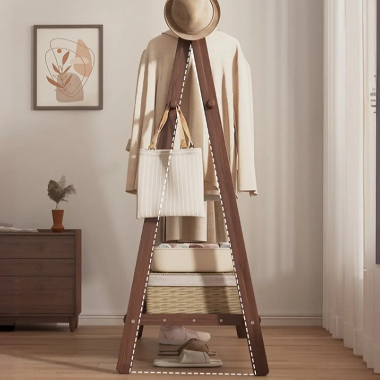 Foldable Beech Coat Rack with Hooks — Natural Finish / 1