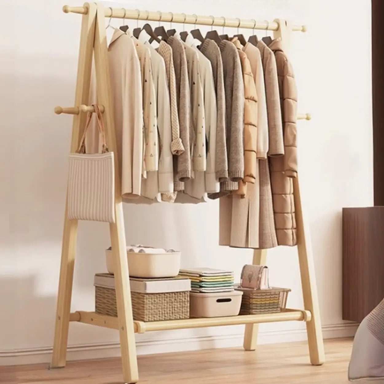 Foldable Beech Coat Rack with Hooks — Natural Finish / 1