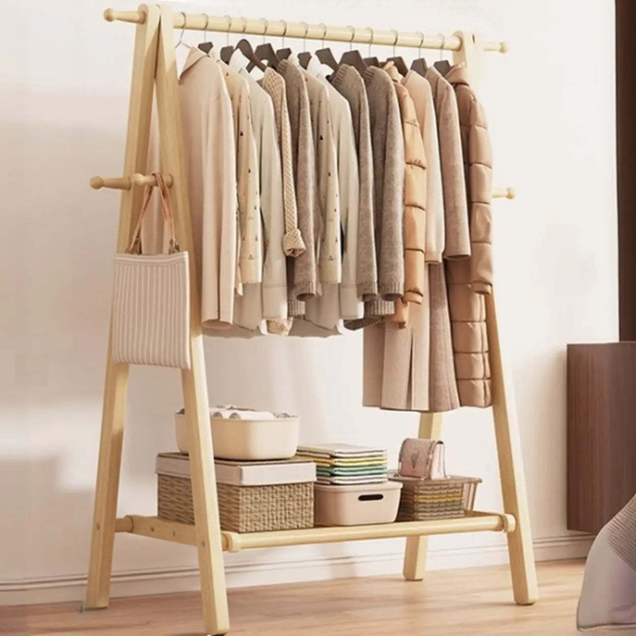 Foldable Beech Coat Rack with Hooks — Natural Finish / 1