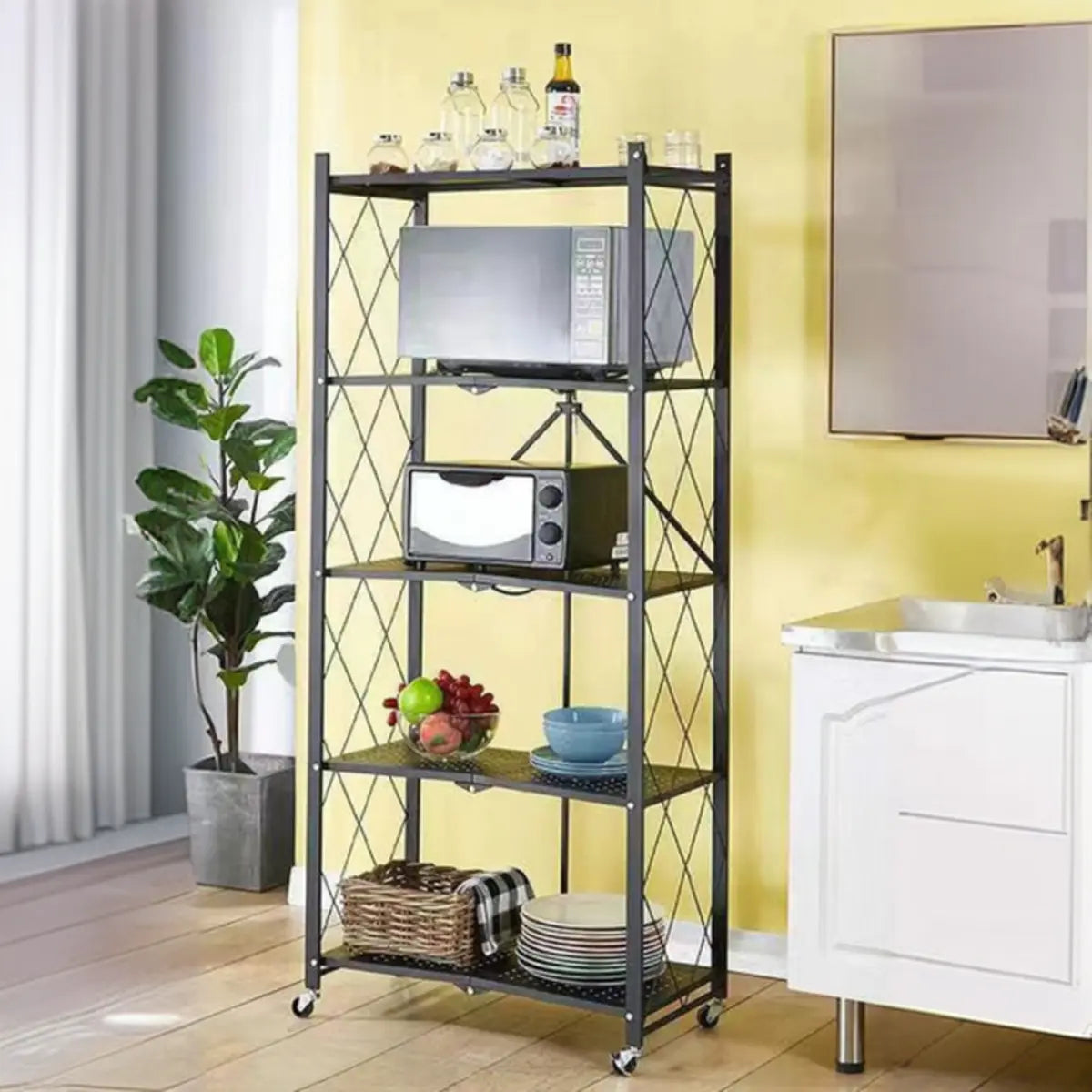 Foldable Black Steel Baker's Rack with Microwave Shelf